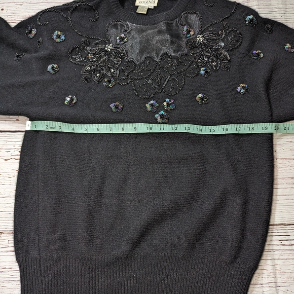 Eugenia by Angenie Lambswool Angora Beaded Sequined Black Sweater Medium Vintage - Picture 10 of 12